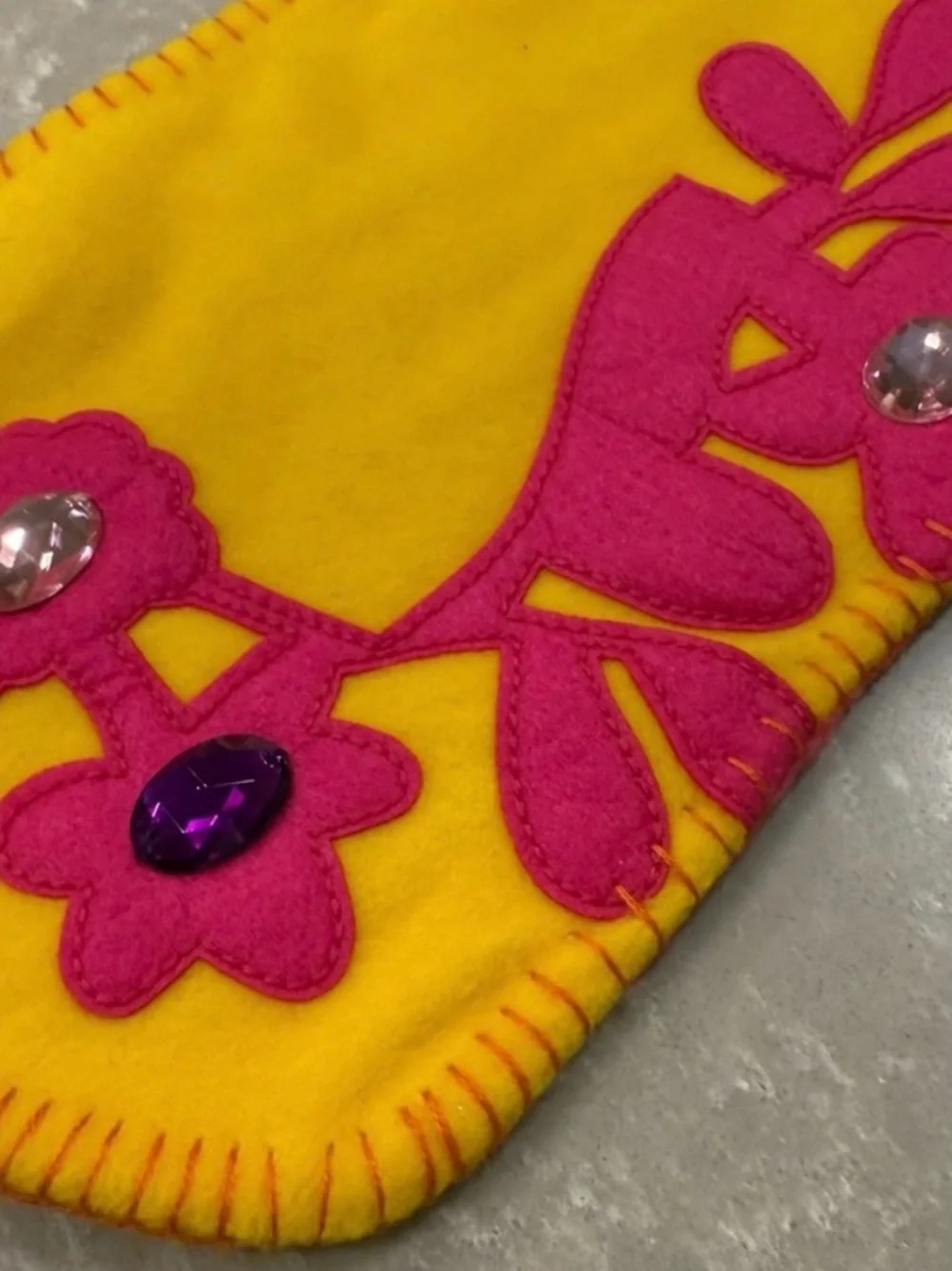 Vintage Old Navy Felt Christmas Stocking Pink Yellow Floral Gem Holiday Decor